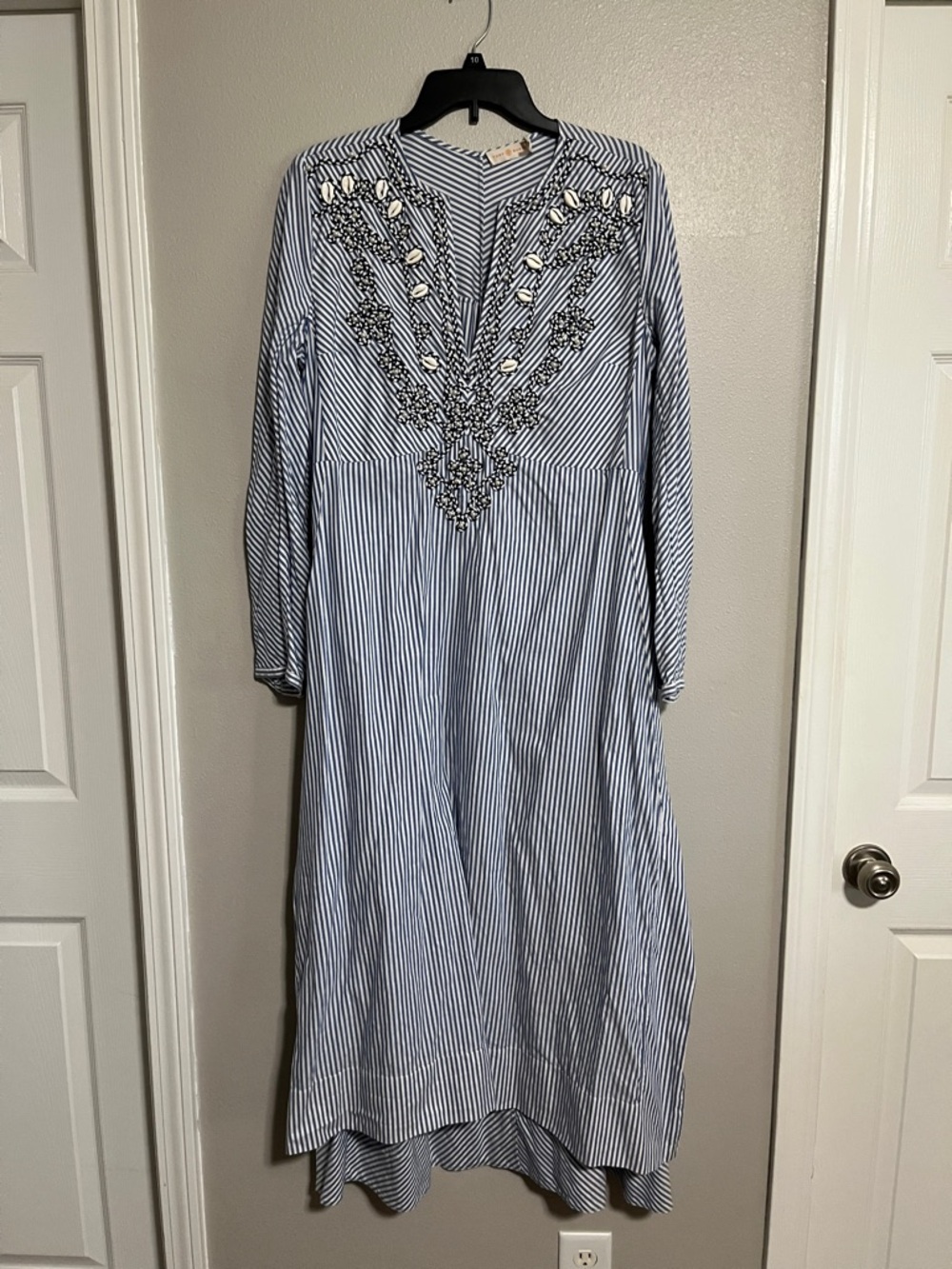 Tory Burch Blue and White Striped Seashell Embellished Maxi Dress